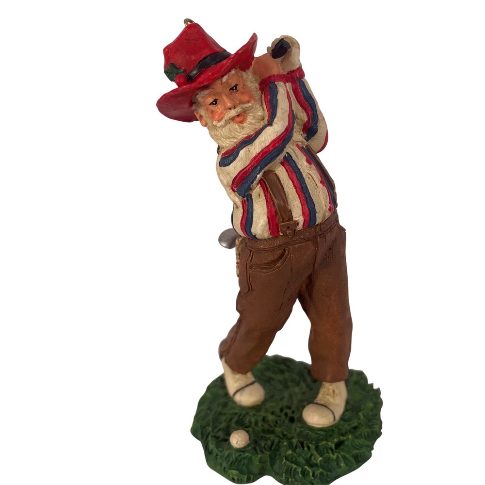 Golfer Santa Christmas Ornament – Hand-Painted Resin, 4" Striped Shirt & Red Hat